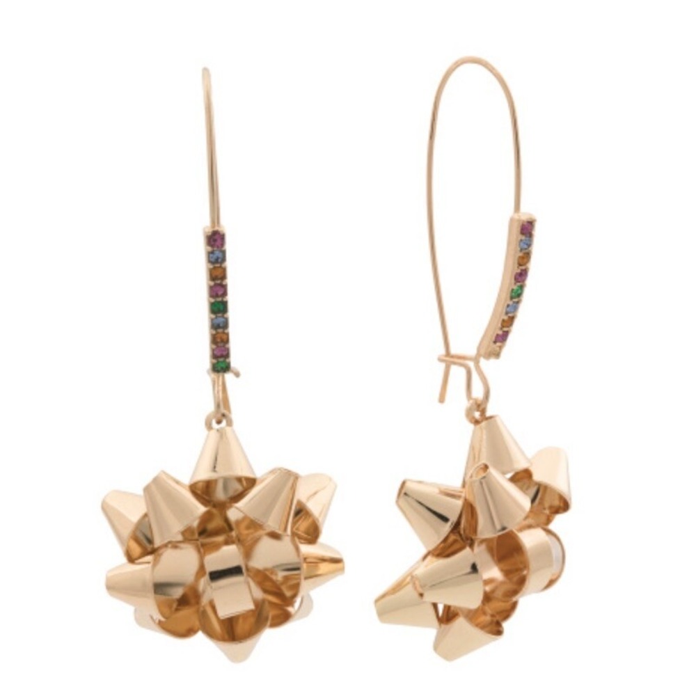 Betsey Johnson Gold Bow Dangle Earrings With Christmas Rhinestones